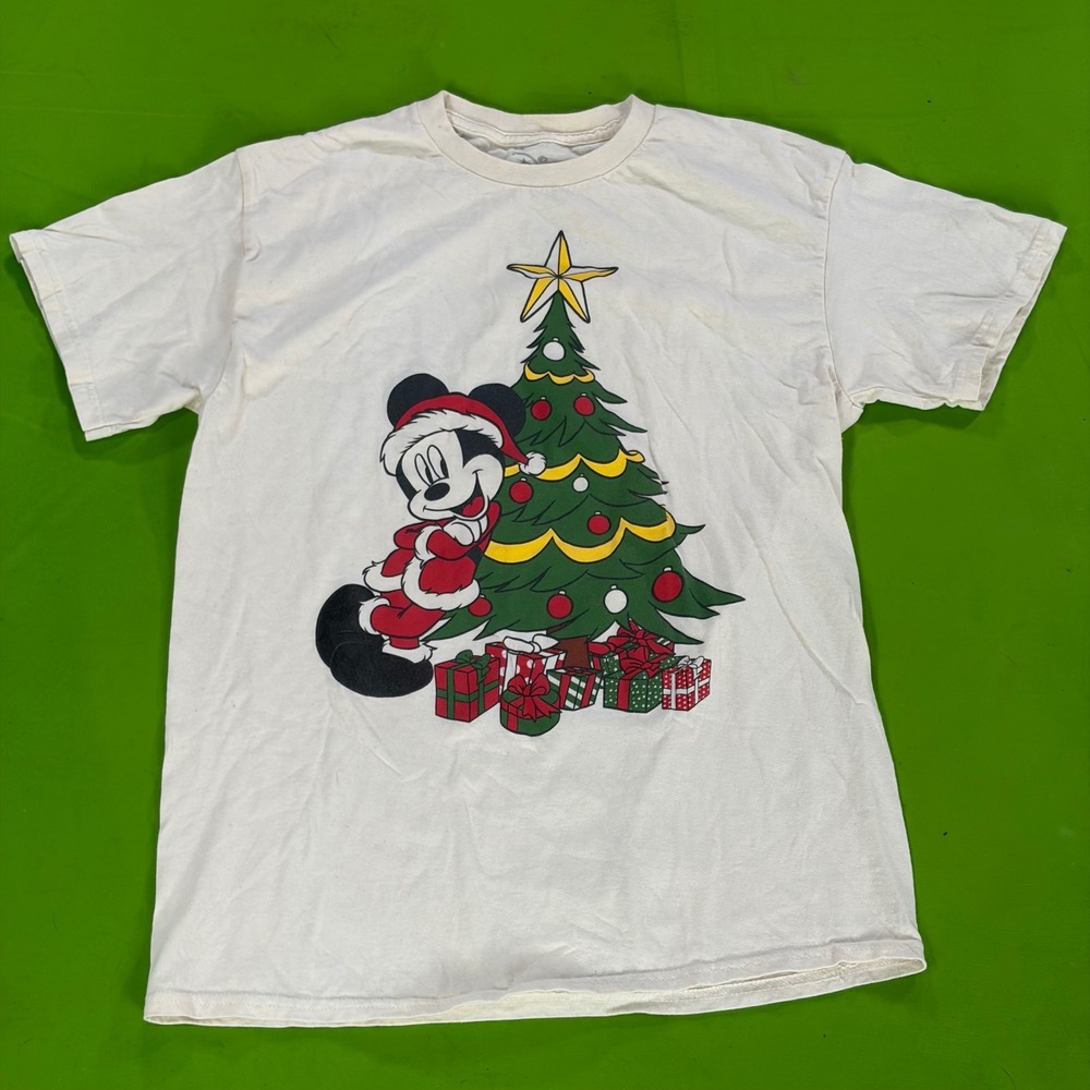 Disney Mickey Mouse T-Shirt Mens Medium White Christmas Santa Jerry Leigh